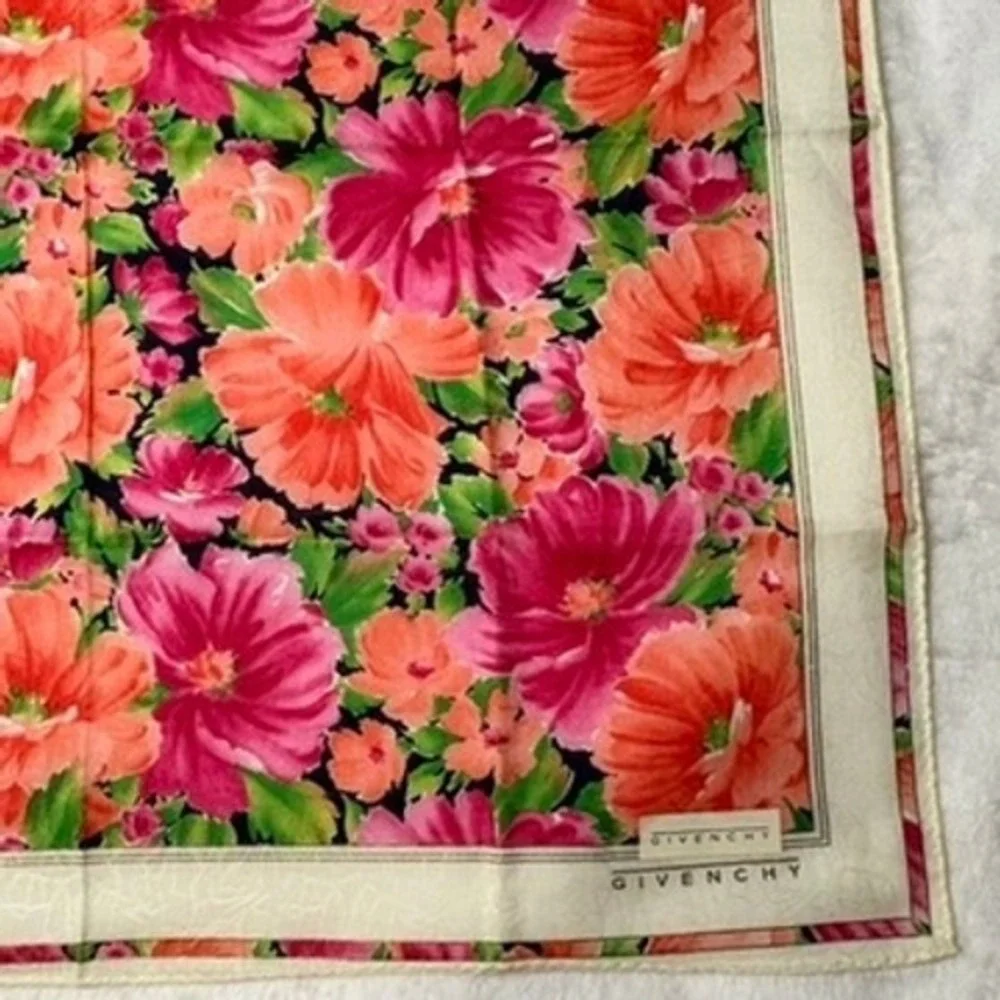 Vtg GIVENCHY Scarf Handkerchief Floral Cotton Pink Orange 18